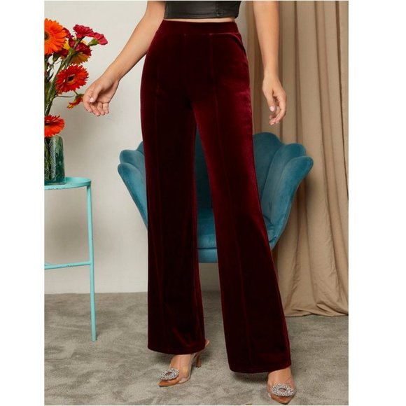 Velvet wide legged Pants Classy Contemporary Burgundy Maroon - Picture 3 of 7